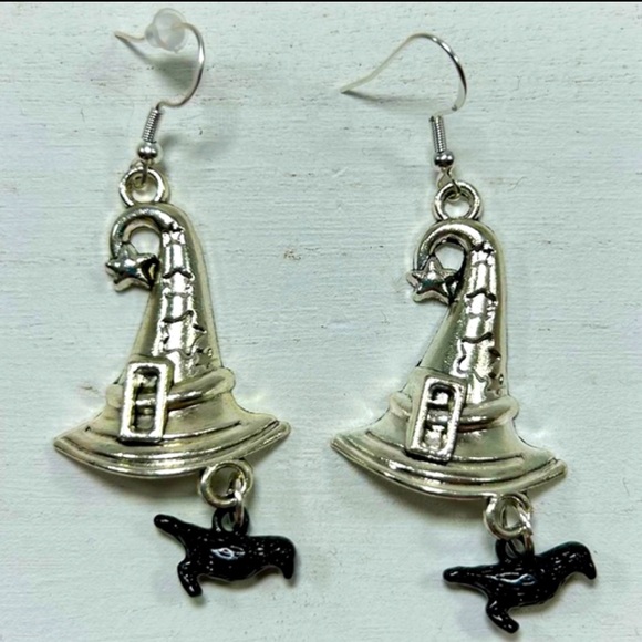 Handmade Halloween Sterling Silver Witch Hat & Crow Earrings! - Picture 2 of 4